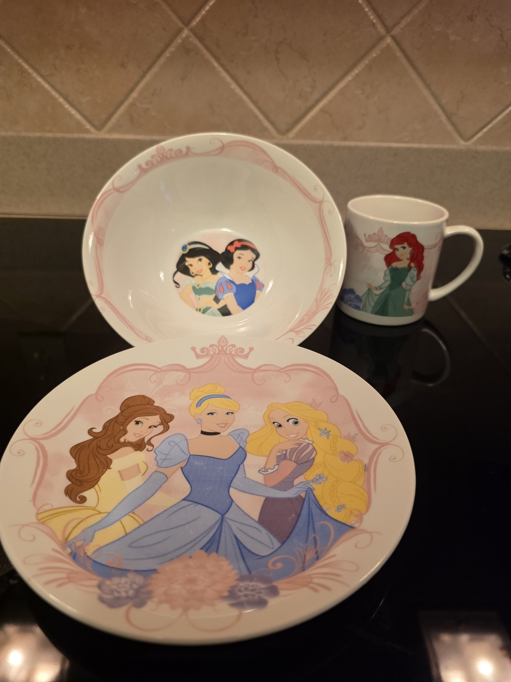 Disney Princess Pink and Blue Kids Dinnerware Set - Plate Bowl Mug